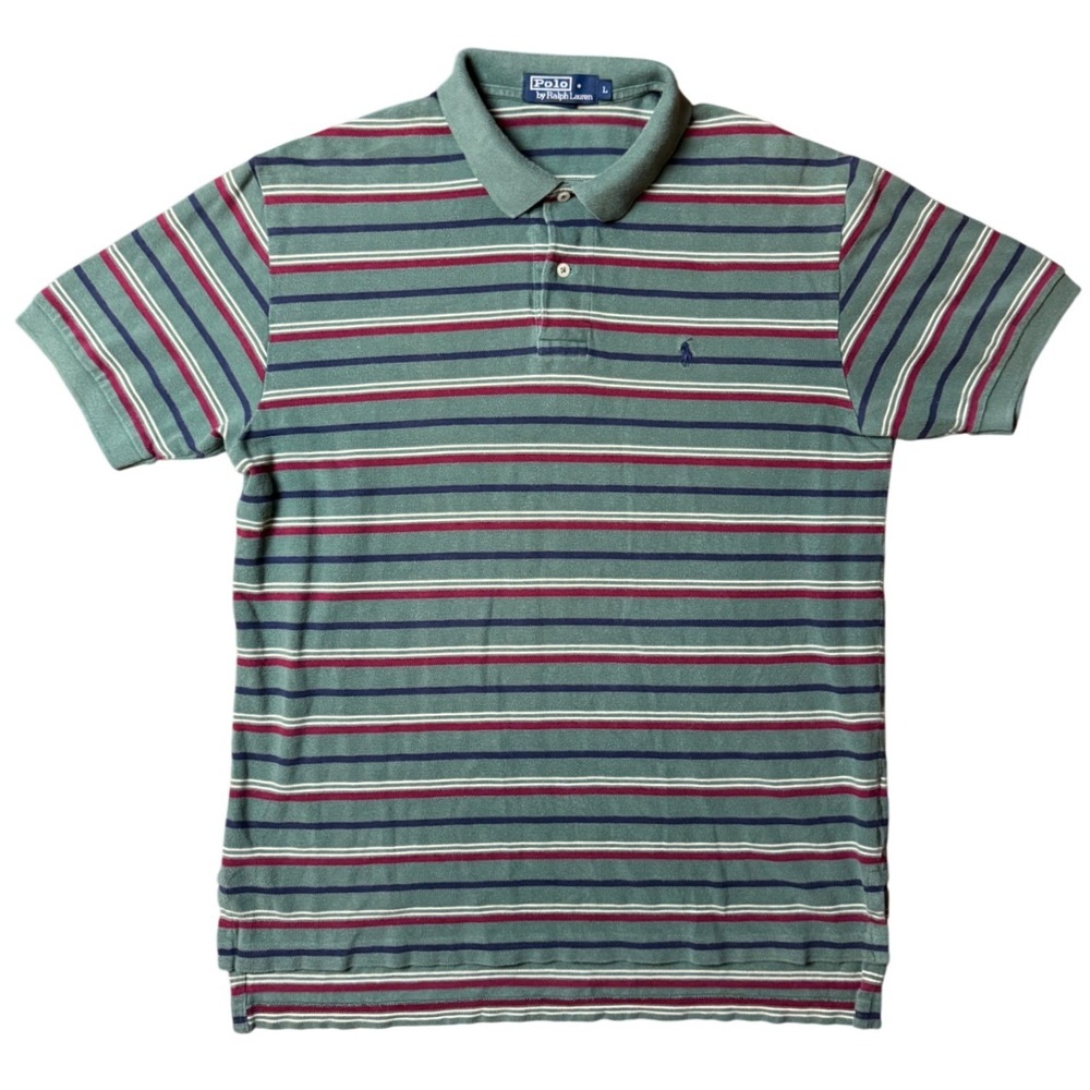 Polo Ralph Lauren Mens Large Green Striped Short Sleeve Cotton Polo Shirt